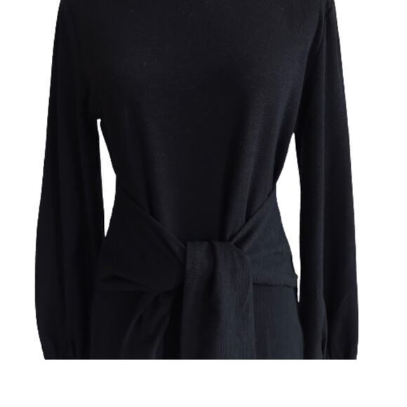 Fashion Dress Black Long Lantern Sleeve Crewneck Tie Waist Mini Dress Medium NEW - Picture 8 of 12